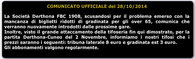 COMUNICATO UFFICIALE DERTHONA FBC