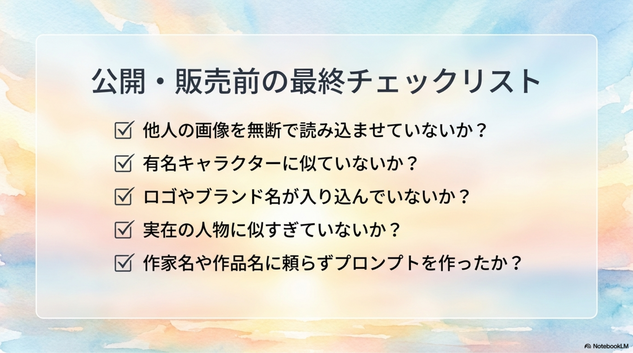 AIアートを公開・販売する前に、次の項目を確認しましょう。