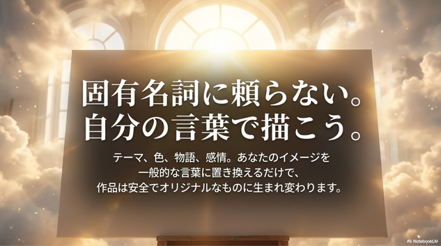 AIアートで安心して公開・販売しやすい作品を作るには、  プロンプトの作り方を工夫しましょう。