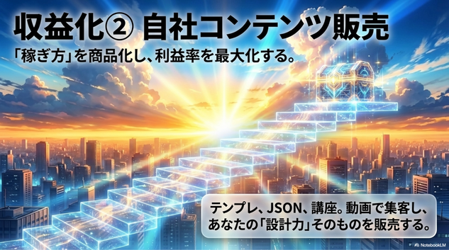 自社コンテンツ   ・note ・講座 ・テンプレ ・JSON販売  👉 利益率が高い