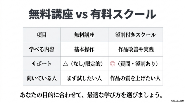 無料講座と有料スクールでは、  学べる範囲が違うことがあります。