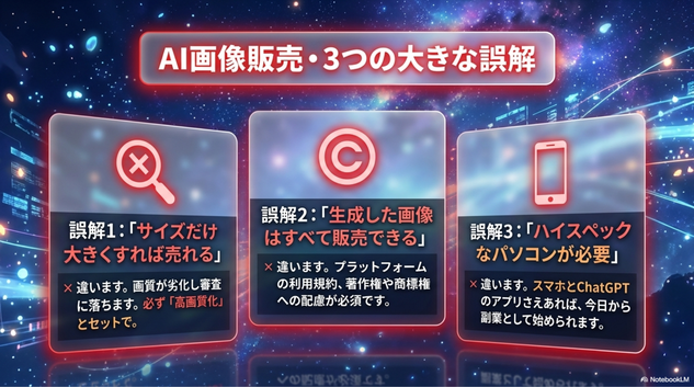 AI画像なら全部販売できる 違います。  著作権や商標権への配慮が必要です。