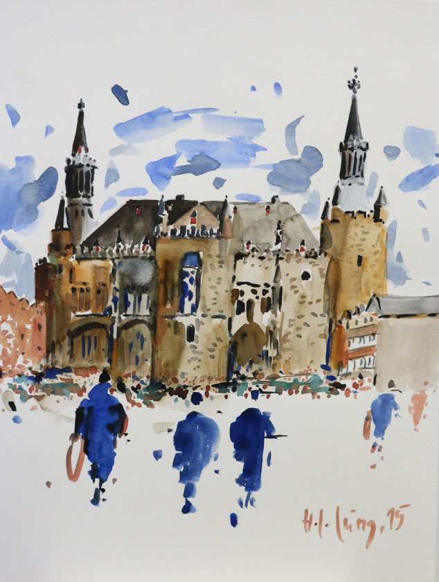 "Aachen Katschhof mit Blick zum Rathaus" (Aquarell), 30 cm x 40 cm