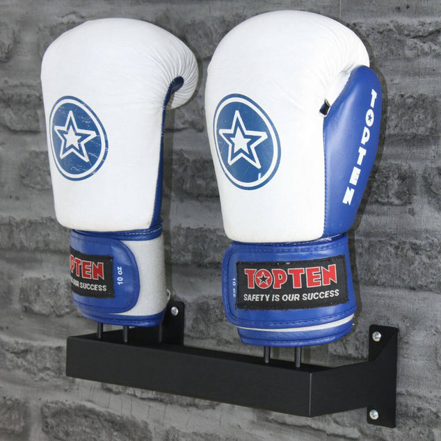 Top ten  boxing gloves on a black boxing gloves rack bolted to the wall