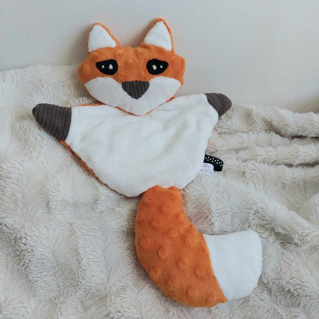 Doudou plat renard orange bébé tout doux fait main l'Arche de Jessica