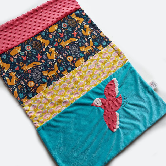 Couverture poussette couffin bébé renard oiseaux corail jaune moutarde faite main l'Arche de jessica