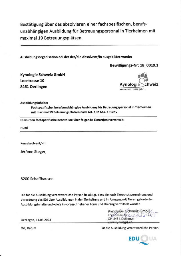 Bewilligung zum Fachausweis Tierbetreuung (FBA) von Jérôme Steger