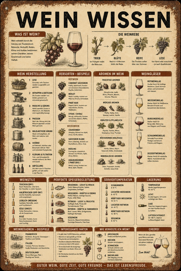 Wein Wissen Metallschild Vintage – Geschenk für Weinliebhaber und Weinkeller Dekoration Schweiz
