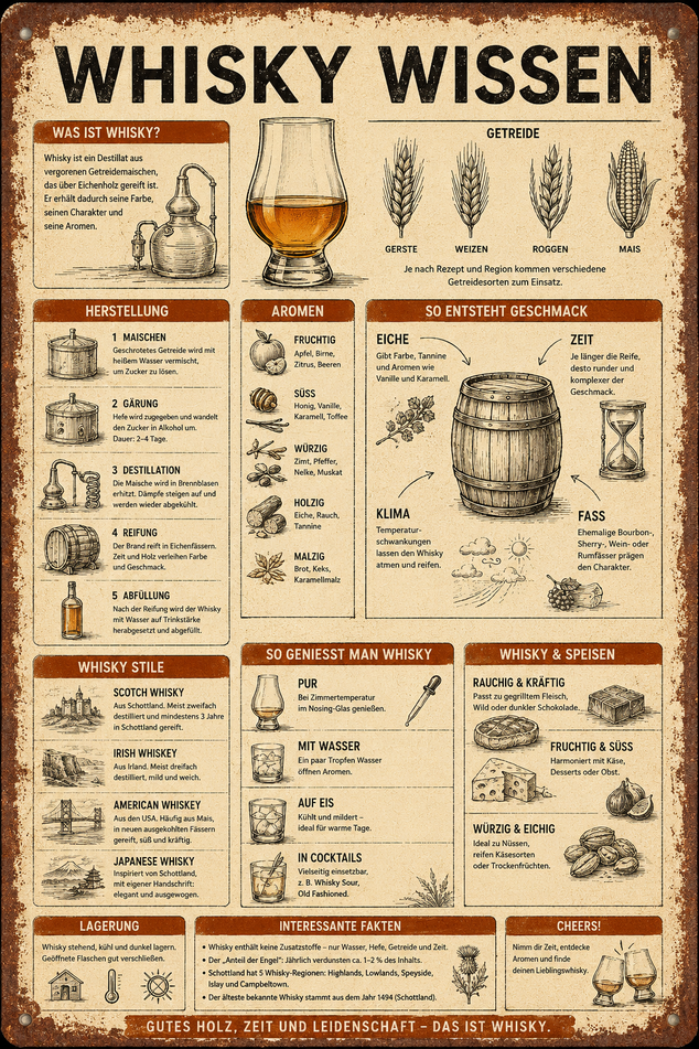 Whisky Wissen Metallschild Vintage Schweiz – Geschenk für Whisky Liebhaber und Hausbar Dekoration
