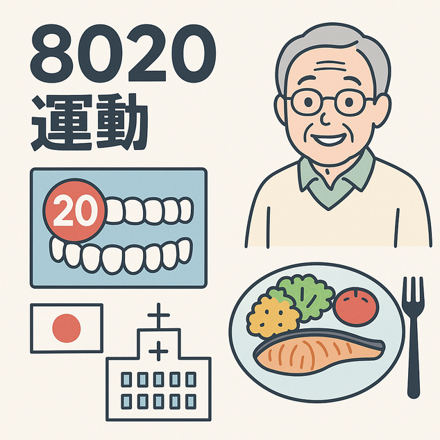 8020運動をイメージした高齢夫婦が笑顔で食事を楽しむイラスト