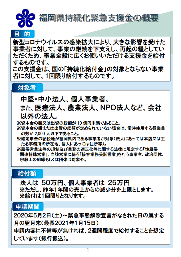 福岡県中小企業緊急支援金：目的・対象者・給付額・申請期間