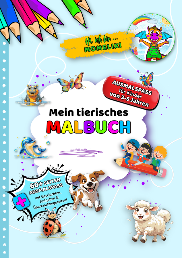 Cover des Tier-Malbuchs ab 3–5 Jahren – Momelix & seine Freunde