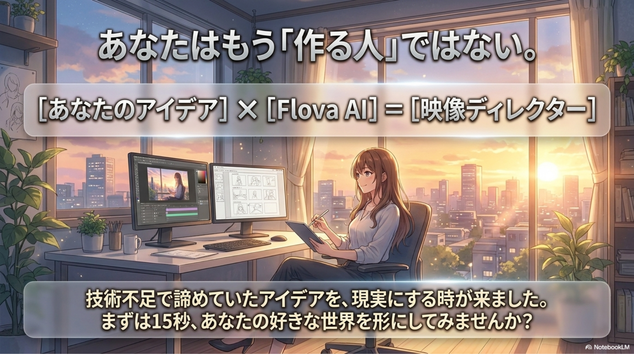 Flova AIを使えば、知識ゼロからでも約4時間でクオリティの高いCM動画が作れる  動画、ナレーション、BGMまでが1つのツール内で完結し、編集ソフトも不要  商用利用が可能（ベータ版のため最新の利用規約は都度確認）なので、そのまま副業の実績にできる  仕事に繋げるためには、サンプル作品をSNSに投稿し、プロフィール欄に窓口を明記しておく