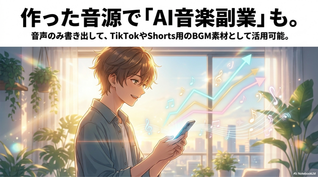BGM素材 配信用音楽 SNS向け楽曲 ショート動画用音源 として活用できる可能性があります。    ジャンル別に量産していくことで、 AI音楽副業として活用している人も増えてきています。