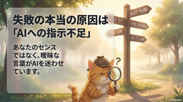 AI動画でありがちな失敗は、 実はセンスではありません。    多くの場合、 AIへの指示が曖昧だからです。    例えば、  「猫が美容液を塗っている動画」  だけを入力すると、    ・猫の種類が変わる ・背景が毎回変わる ・カメラ位置がズレる ・急に人間の手になる