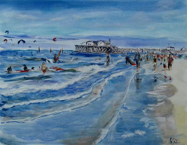 Strandleben Aquarell Pastell 30 x 40  gerahmt 40 x 50 380,-