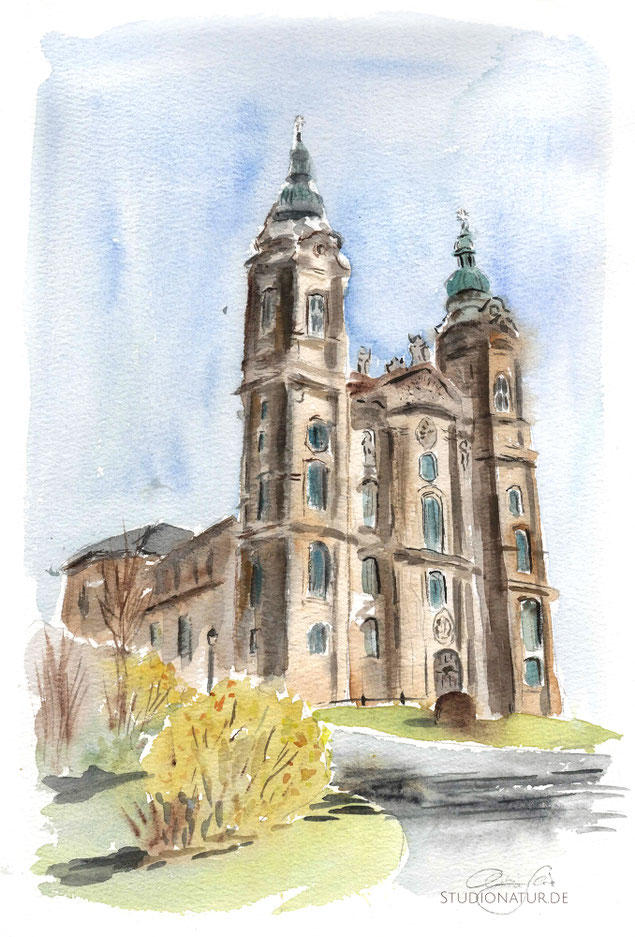 Vierzehnheiligen, Kirche, Basilika, Wallfahrtsort, church, Fränkische Schweiz, Aquarell, Malerei, Illustration, Architektur, Original watercolour, watercolor