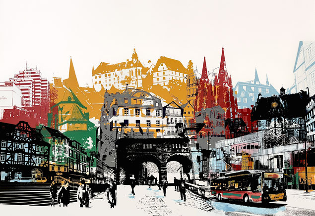 Schlossblick I, Siebdruck und Mischtechnik auf Leinwand, 70x100cm, 2025, 1.300€