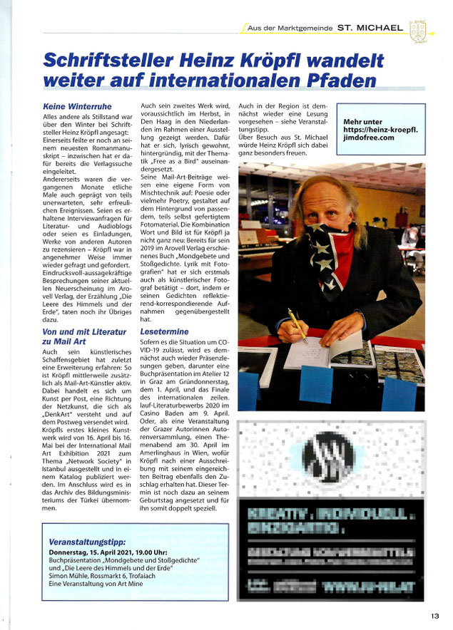 Schriftsteller Heinz Kröpfl wandelt weiter auf internationalen Pfaden Die Leere des Himmels und der Erde Mondgebete und Stoßgedichte Arovell Verlag Literatur Mail Art International Mail Art Exhibition Istanbul Türkei Den Haag Niederlande