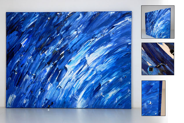 intensivblaue Spachtelstriche symbolisieren das Meer; mit Spiegelmosaiksteinen als Sonnenreflexe