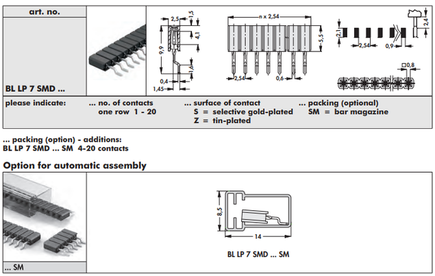 BL LP 7 SMD 表面実装用連結ソケット2.54mmピッチ ライトアングル