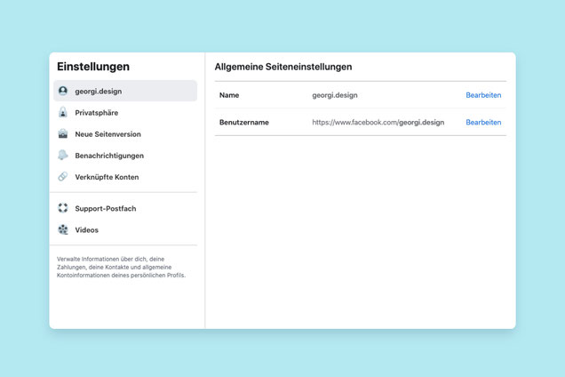 Screenshots der Facebook Seiten Einstellungen