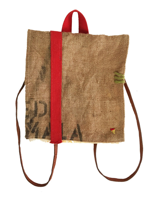 Morgan backpack - front | made out of burlap, canvas, and fabric | SOLD
