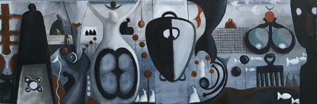 tableau symbole-peinture dans les tons de gris-tableau horizontal. Galerie d'art sud de la france-galerie d'art Cannes- Monaco-saint Paul de Vence