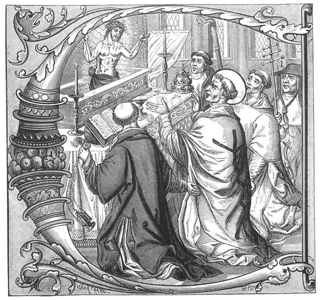Abb. 176. – Wundersame Messe des heiligen Gregor des Großen (6. Jahrhundert), die die wirkliche Gegenwart Jesu Christi in der Eucharistie darstellt. – Miniatur aus einem Messbuch des 15. Jahrhunderts, in der Sammlung von M. Ambr. Firmin-Didot.