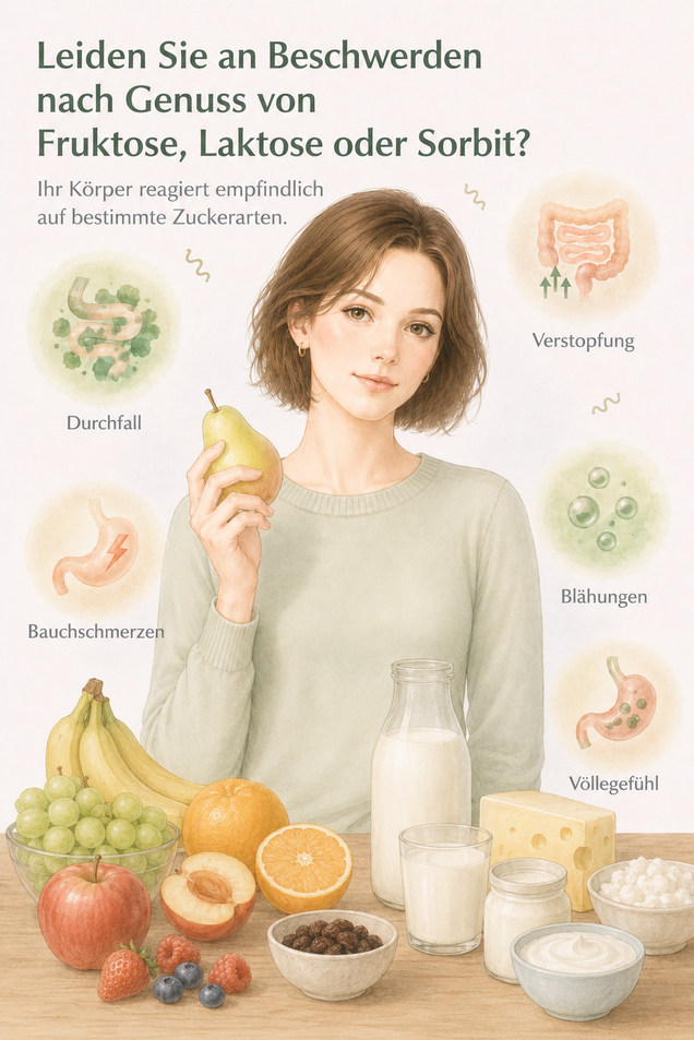 Die Illustration zeigt typische Lebensmittel mit Fruktose, Laktose und Sorbit sowie häufige Verdauungsbeschwerden nach dem Verzehr. Sie veranschaulicht Symptome wie Blähungen, Bauchschmerzen, Durchfall, Verstopfung und Völlegefühl und dient als Einstieg i