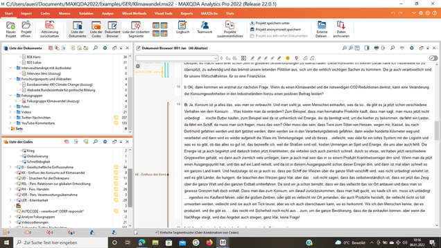 Screenshot aus der Testversion von MAX QDA2022  - Beispielprojekt
