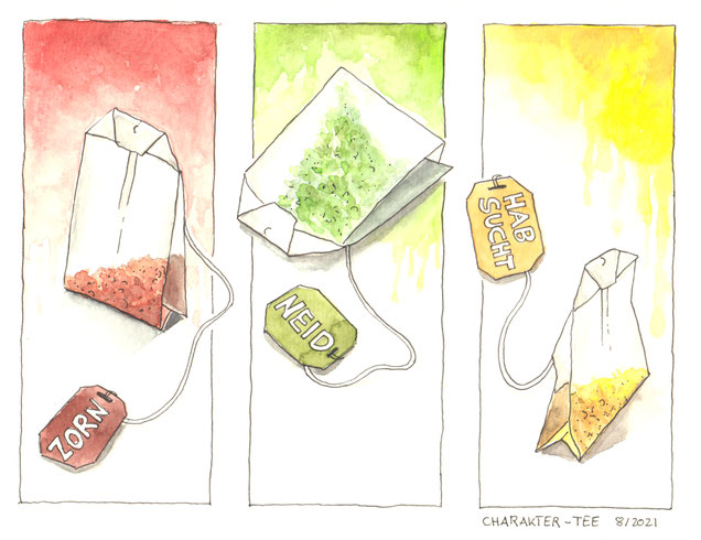 Illustration "Neue Tee-Sorten": mit Labels "Zorn", "Neid" und "Habsucht"
