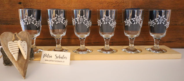 Glasgravuren / Gravierte Kaffeegläser Edelweiss / www.petras-handwerk.ch