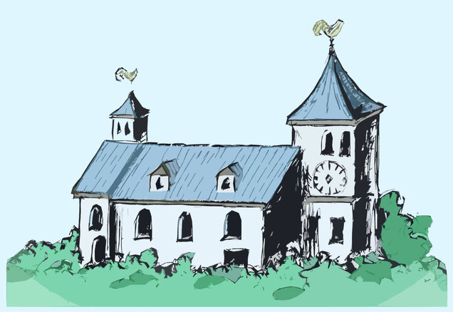 Zeichnung der alten, im 12. Jhd. erbauten Reister Pfarrkirche nach Darstellung auf dem um 1822-35 aus Porzellan gefertigten Mokka-Kännchen