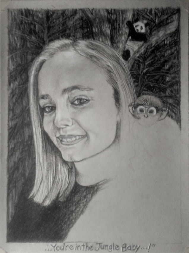 ©️2020 Ashley - "You're' in the Jungle, Baby...!" Love working on this monkey...Just the right size and pose for sitting on her shoulder. This will be finished up tomorrow. Ashley, panda and monkey just happened to notice the 'onlooker'...Pretty coooool! 