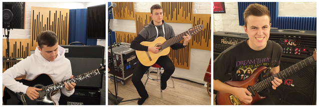 Gitarrenunterricht im Studio mit Gitarrenschüler mit Gitarrenlehrer Max Wegener mit E-Gitarre in der Hand. E-Gitarre und Marshall-Verstärker im Hintergrund.
