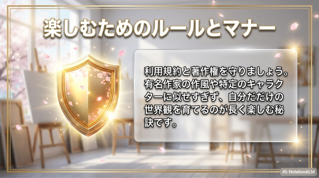 AIアートを安心して楽しむためには、著作権や利用規約への配慮が必要です。
