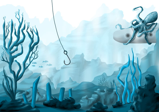 Digital Art "No fish today": leerer Angelhaken an einer Schnur pendelt im Wasser, am Meeresgrund Algen, Felsen, Korallen, im Hintergrund Berge und ein Unterseebot, welches von einem Oktopus umschlungen wird