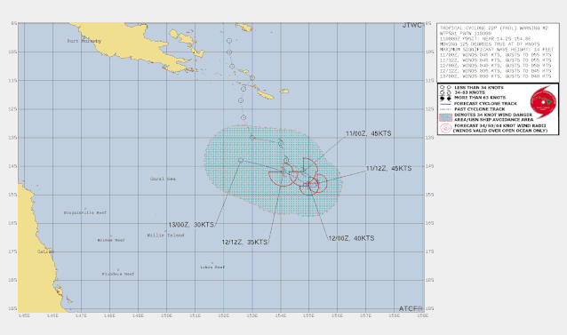 Track map of Tropical Cyclone Paul in the Coral Sea. April 11 2024. From JTWC.