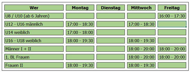 Jugendtraining - Montag & Mittwoch: Technik-, Konditions-, Balltraining, Freitag: Balltraining und Praxis/Spiel
