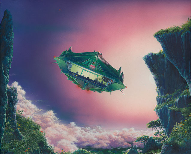 Science Fiction ilustration Spacecraft exploring far-off world