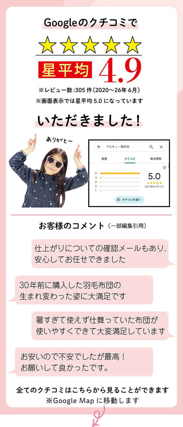 マルキュー寝具クチコミ紹介。レビュー星平均4.9の高評価。料金や確認事項の連絡などで満足していただいている。