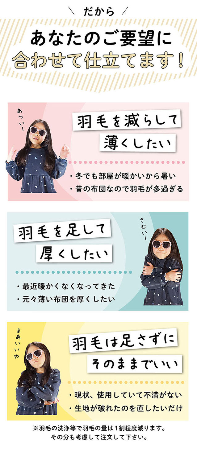 要望に合わせた羽毛布団リフォーム（羽毛布団打ち直し）の提案説明画像