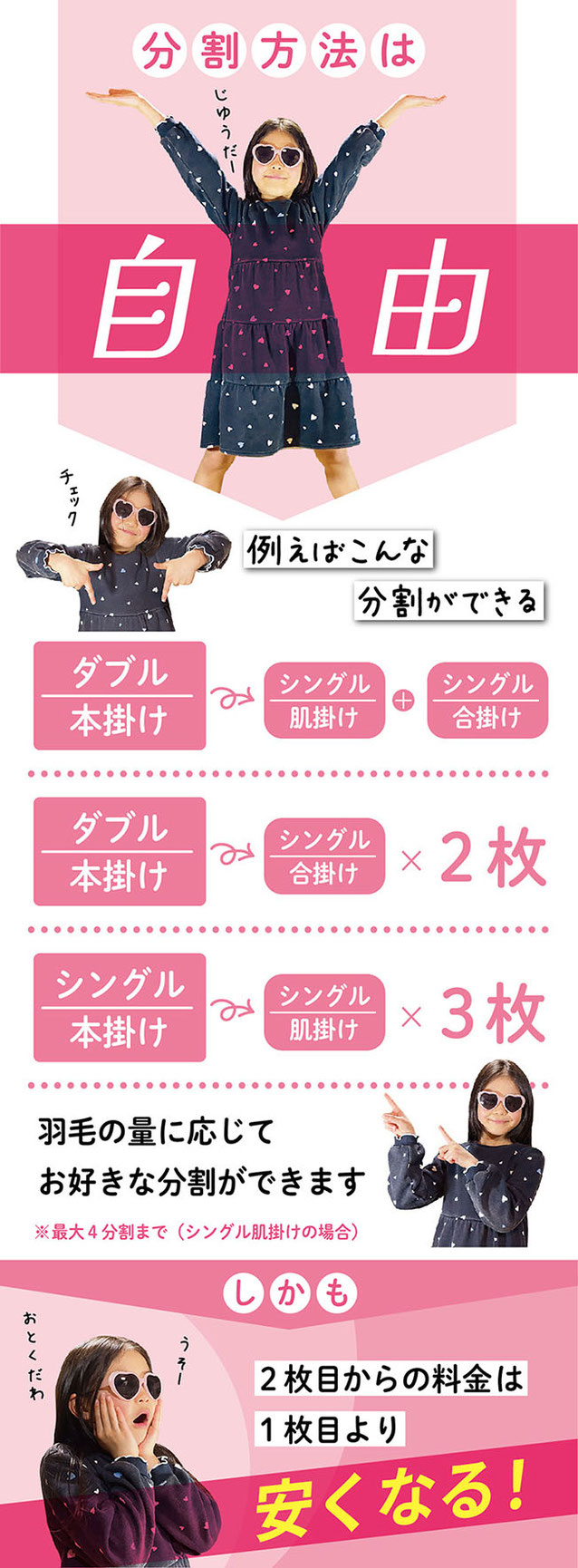 羽毛の分割リフォーム（打ち直し）例の紹介とお得情報画像