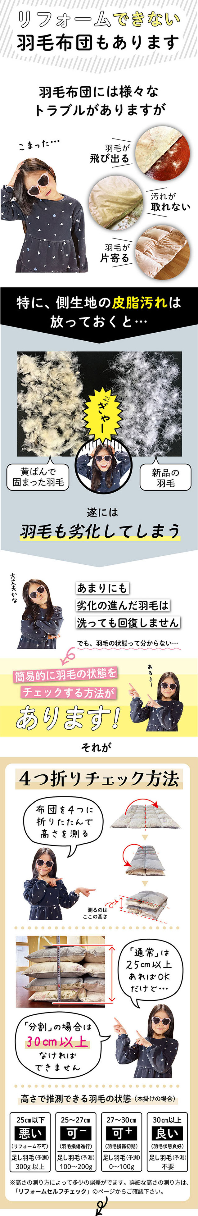 羽毛布団リフォーム（羽毛布団打ち直し）できるかどうかのセルフチェック解説画像