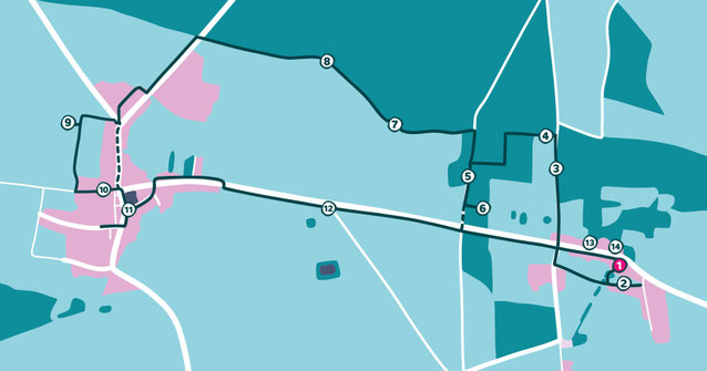 Karte des Wanderwegs "Lindenpfade" von Liepe über Wahlsdorf und zurück mit Markierungen von Weg-Stationen