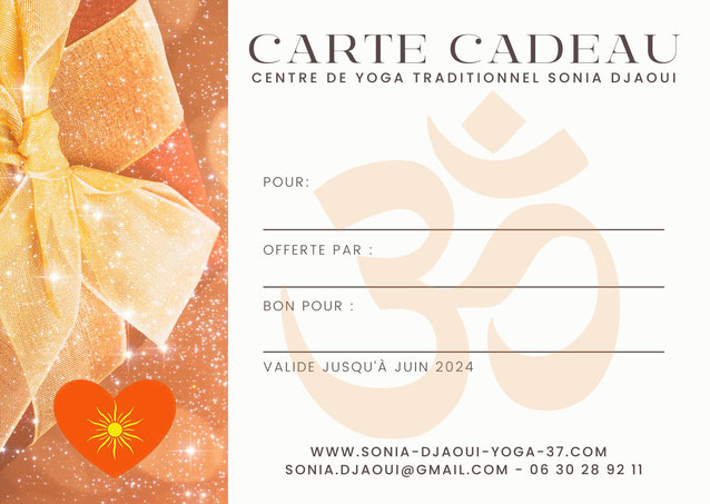 cours de yoga cadeau - carte cadeau Centre de Yoga Traditionnel -  Sonia Djaoui tours