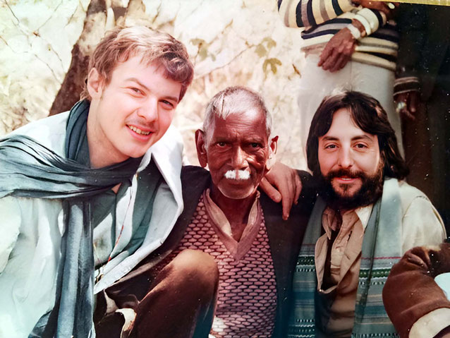  Michael Siegall ( far right ) with Win Coates ( far left & a local villager in India. Image rendition by Anthony Zois.