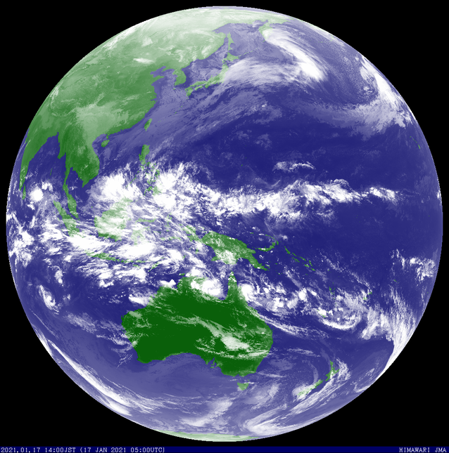 Colourised satellite image showing TC Kimi off far north Queensland and TC Joshua in the Indian Ocean. Image from JMA.