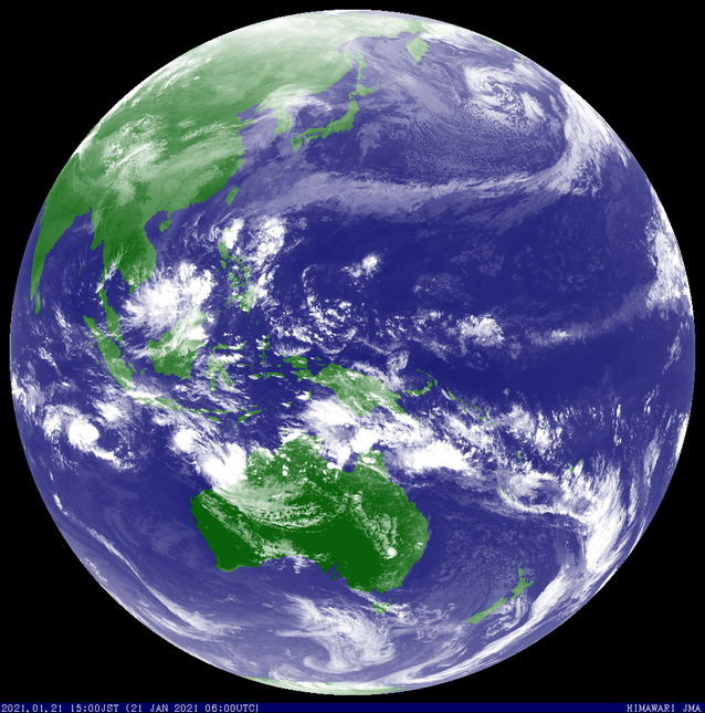 Colourised satellite image showing two tropical low pressure systems off the north Western Australia coast. Image from JMA.